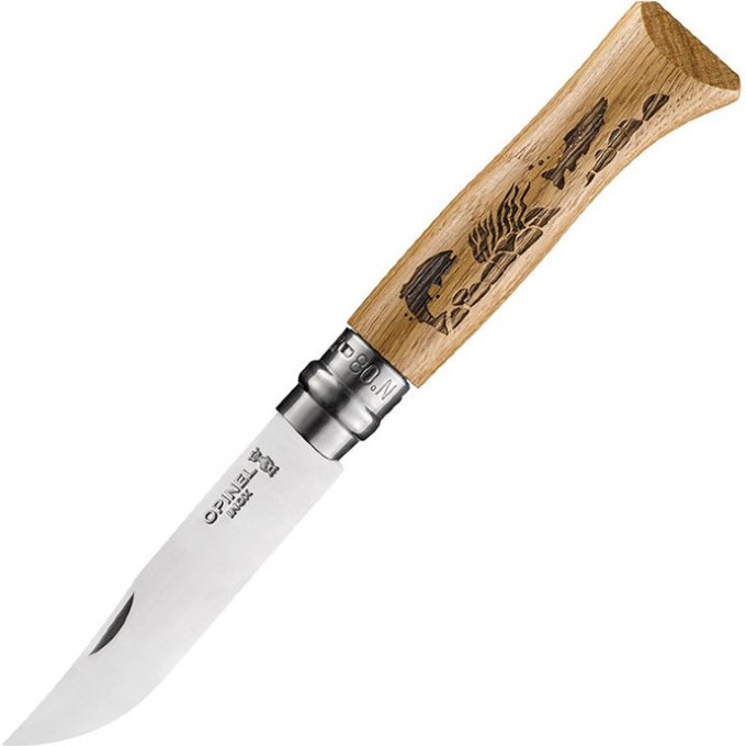 Нож Opinel №8, нержавеющая сталь, рукоять дуб, гравировка рыба, 002334